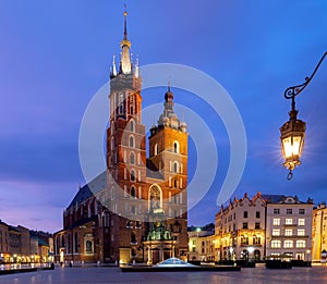 Krakow. St. Mary`s Church and market square at dawn.