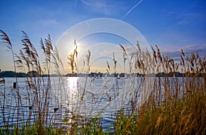 Kralingse Plas lake at sunset in Rotterdam, the Netherlands