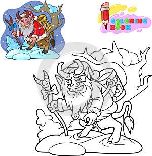 Krampus is looking for children, coloring book, funny illustration