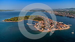 Krapanj, Croatia - Aerial panoramic view of Krapanj island, the smallest inhabited island in Croatia. Yachts, red rooftops