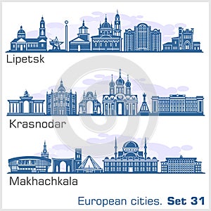 Krasnodar, Makhachkala, Lipetsk City skyline set. Russia. Vector silhouette on white.