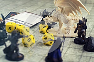 Playing Dungeons and Dragons. Miniature fugures of rpg characters, dices and dragon photo