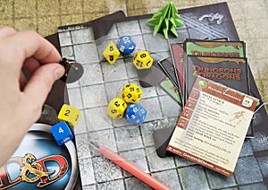 Playing Dungeons and dragons rpg game: dices, character cards, map. photo