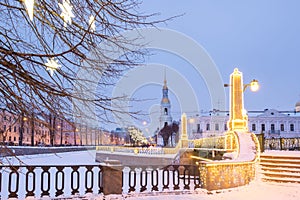 The Krasnogvardeysky bridge at the confluence of the Griboyedov and Kryukov Canals near the St. Nicholas Cathedral in