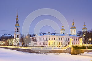 The Krasnogvardeysky bridge at the confluence of the Griboyedov and Kryukov Canals near the St. Nicholas Cathedral in