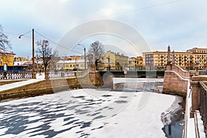 Krasnogvardeysky Bridge over the Griboedov Canal in winter. Saint Petersburg, Russia