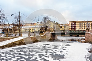 Krasnogvardeysky Bridge over the Griboedov Canal in winter. Saint Petersburg, Russia