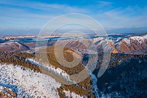 Krasnoyarsk Russia reserve nature Stolby, Aerial top view winter sunset