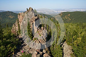 Krasnoyarsk Stolby National Park, Siberia, Russia. Chinese Wall rock, point of scenic interest, recreation site