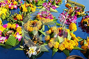 Krathong ,hand crafted floating basket by banana leaf,decorated with flowers and incense sticks, candle,