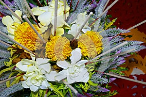 Krathong ,hand crafted floating basket by banana leaf,decorated with flowers and incense sticks, candle,