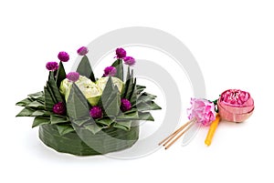 Krathong made of banana leaf and flowers for floating in the Lay Krathong Festival and ancient traditions of thai people