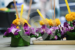 Krathong object made by banana leaf and ornamental plants