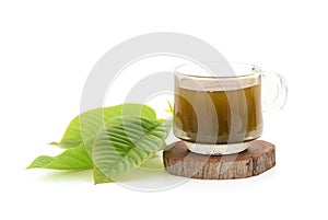 Kratom or Mitragyna speciosa and juice isolated on white background