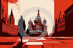 Kremlin and Cathedral of St. Basil in the Red Square in Russia. Illustration banner concept