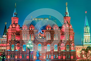 Kremlin and church at dramatic dawn in Red square of Moscow, Russia