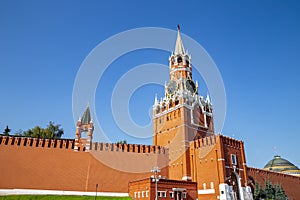 Kremlin fortress Spasskaya Tower on Red Square in Moscow, Russia