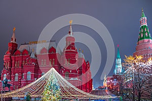 Kremlin and Historical Museum at night in Moscow