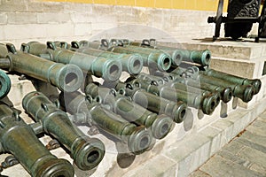 Kremlin, Red Square, Moscow. Russia - August 28, 2022: An old cannon and barrels