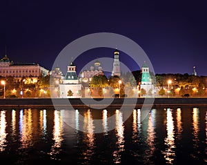 Kremlin from river at night in Moscow