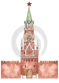 Kremlin, Spasskaya tower in Moscow watercolor illustration, sights of Russia, Red Square