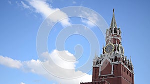 The Kremlin Tower in close-up against the blue sky