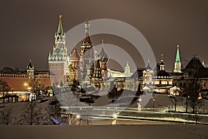 Kremlin Towers and St. Basilâ€™s Cathedral in the Winter Night