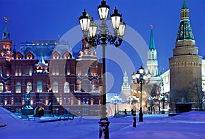 Kremlin towers in winter snowing night