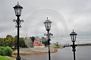 Kremlin in Uglich, Russia. Vintage style street lights.