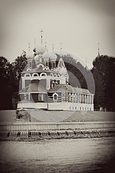 Kremlin in Uglich. Vintage style sepia photo.