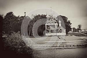 Kremlin in Uglich. Vintage style sepia photo.