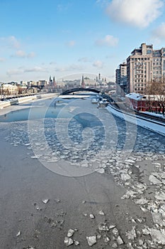 Moscow, Russia - February 22, 2018: Kremlin and the Variety Theatre, bridge and Moscow river. photo