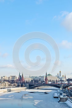 Moscow, Russia - February 22, 2018: Kremlin and the Variety Theatre, bridge and Moscow river. photo