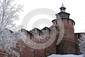 Kremlin wall and Tower Chasovaya at Nizhny Novgorod in winter. R