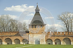 Kremlin wall with tower in Tula. Russia