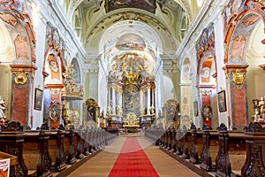 Krems, Austria - October 2021: Pfarrkirche Pfarre St. Veit church interiors