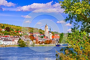 Krems an der Donau, Lower Austria. Typical Wachau Valley landscape on Danube River, autumn colors photo