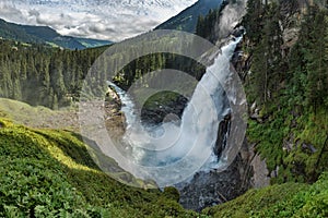 Krimml Waterfalls with Tourists, Highest Waterfall in Austria