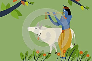 Lord Krishna playing flute with holy cow