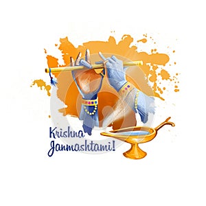 Krishna Janmashtami digital art illustration. Annual Hindu festival in India. Birth of Krishna holiday greeting card, poster,
