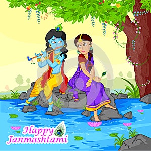 Krishna playing flute with Radha on Janmashtami background