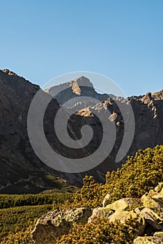 Krivan mountain peak from hiking trail bellow Chata pod Soliskom in autumn Vysoke Tatry mountains in Slovakia