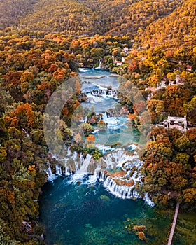 Krka, Croatia - Aerial panoramic view of the beautiful Krka Waterfalls in Krka National Park on a bright autumn morning