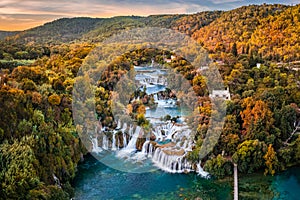 Krka, Croatia - Aerial panoramic view of the beautiful Krka Waterfalls in Krka National Park on a sunny autumn morning