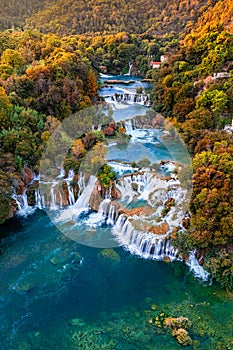 Krka, Croatia - Aerial panoramic view of the famous Krka Waterfalls in Krka National Park on a bright autumn morning