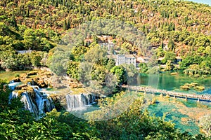 Krka National Park, nature landscape, view of the waterfall Skradinski buk and river Krka, Croatia