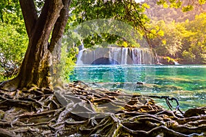 Krka Waterfall Skradinski buk in Krka National Park, Croatia. River with clear water and dense forest. Long exposure