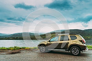 Kroderen, Norway. Car SUV Parked Near Lake Kroderen In Norwegian Countryside Landscape. Kroderfjorden In Municipality Of