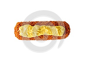 Kroket with mustard isolated on white, typical dutch deep-fried fast food snack