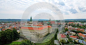Kromeriz city castle and gardens aerial fly forward dolly Europe in HDR, HFR